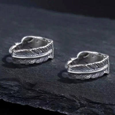 Surgical Steel Silver Feather Hoop Earrings Punk Retro Rock Jewelry Men Unisex - Image 1 of 3
