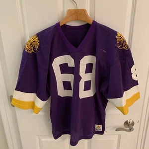 Vintage 1980s Sand Knit HS Football Jersey Indian Head Logo # 68 Purple Large L - Picture 1 of 12