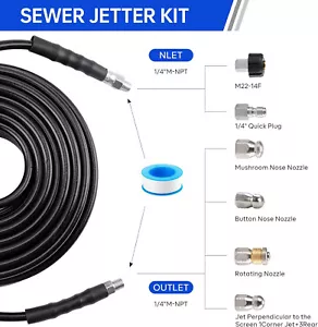 Sewer Jetter Kit 100FT for Pressure Washer 100' Hose 5800 PSI 1/4" NPT Nozzles - Picture 1 of 12