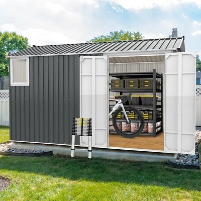 8x12 FT Metal Outdoor Storage Shed with Window, Floor Base & Double Hinged Door - Image 1 of 4