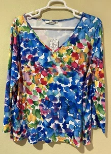 Sakurafina Top Blouse Blue Multicolored Artsy Plus Sz 3X Stretch NWT a6 - Picture 1 of 5