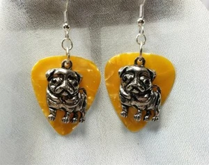 Pug Dog Charm on Gold MOP Guitar Pick Earrings - Picture 1 of 2