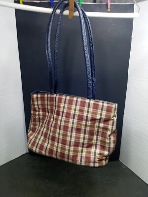 ❤Vintage Bueno Bolso de Mano Cartera Cuero Sintético Púrpura y Tweet Cuadros Doble Asa  Foto 1 de 4