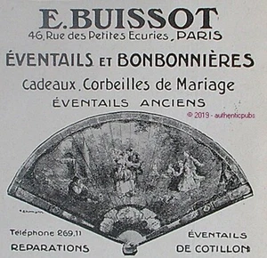 PUBLICITE E. BUISSOT EVENTAILS ET BONBONNIERES DE 1913 FRENCH AD FAN CLAPPER PUB - Picture 1 of 1