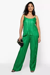 Boohoo Tank Top Shirt Womens Plus 20 Green Plisse Cami + Wide Leg Pants 2 Piece - Picture 1 of 21