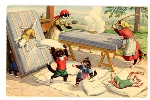 Fantasy -CATS CLEANING SHEETS- 4734 Alfred Mainzer Postcard Anthropomorphic - Picture 1 of 2