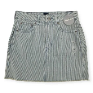 GAP Denim Girl’s High Rise Blue White Railroad Stripe Frayed Hem Denim Skirt 14 - Picture 1 of 14