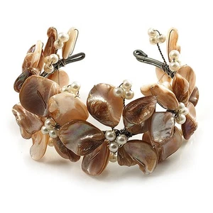 Antique White Floral Shell & Simulated Pearl Cuff Bracelet (Silver Tone) - Picture 1 of 6