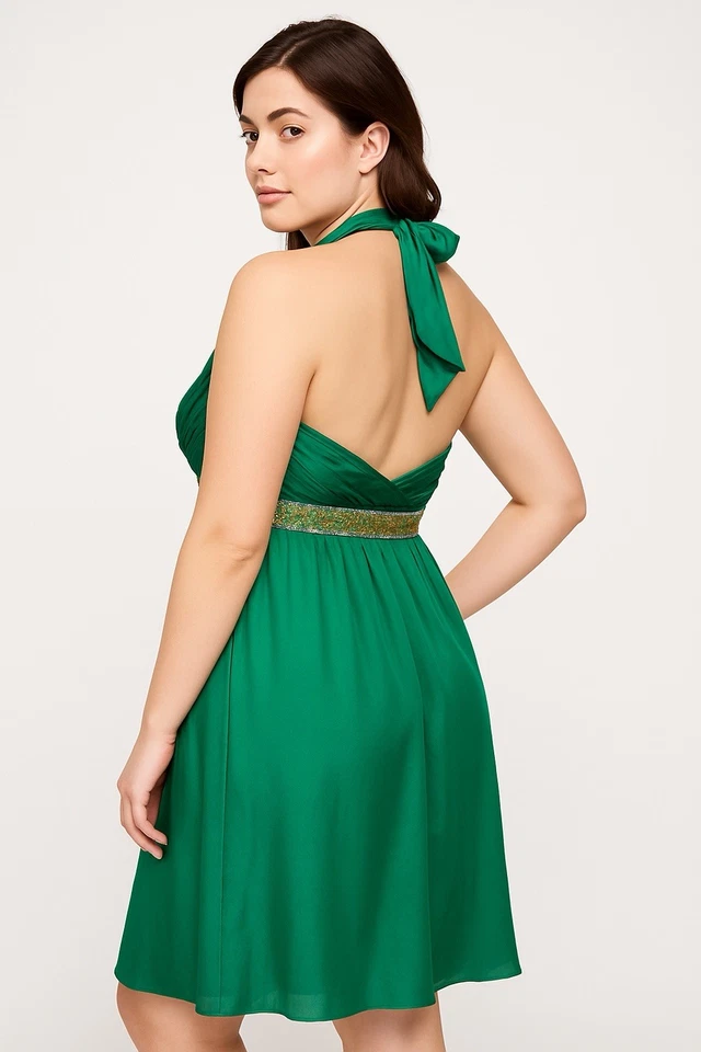 Adrianna Papell Womens Dress 14 Green 100% Silk Halter Beaded Formal Cocktail - Image 1 of 4