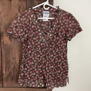 Landau Womens Scrub Top Size Medium V-neck Professional Geometric Squares Brown - Picture 1 of 8