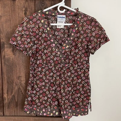 Landau Womens Scrub Top Size Medium V-neck Professional Geometric Squares Brown - Image 1 of 4