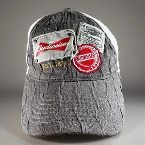 BUDWEISER Mütze Erwachsene grau abgenutzt Canvas Logo Patches Netzrücken Druckknopflasche Kappe - Bild 1 von 8