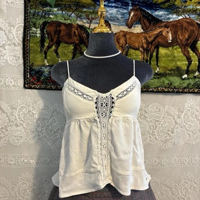 White lace Volcom cami top with beaded details, adjustable straps - Image 1 of 4