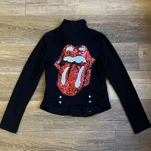 Htrailz Rolling Stones Custom Red Sequin Tongue Black Suede Feel Moto Jacket Sm - Bild 1 von 9