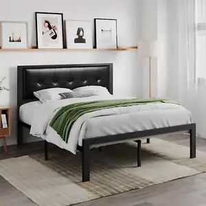 Bed Frame With Upholstered Headboard Platform Bed Frame Noise Free metal Slats - Picture 1 of 13