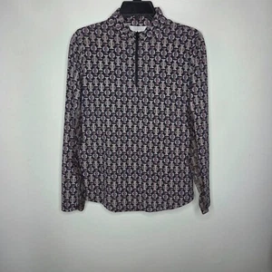 Icikuls Top Women's Medium Black Brown Mesh Sleeve Geometric Mosaic 1/4 Zip - Picture 1 of 7