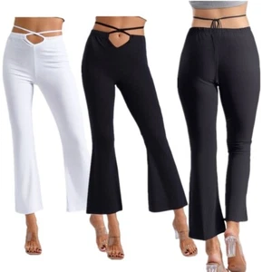 Women Belly Dance Pants Elastic Waist Criss-Cross Straps High Side Slit Flared - Picture 1 of 41