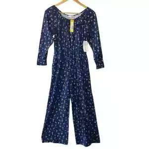 Chenault Girl Jumpsuit NWT 12 Blue Floral Stretch Long Sleeve One Piece Pockets - Picture 1 of 14
