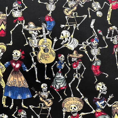 Cotton Fabric Skeleton Party Black Skulls Day of the Dead Craft Fabric Material - Image 1 of 4