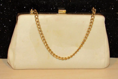 Vintage Off White Fabric Clutch Purse Small Handbag With Gold Chain Kiss Lock - Image 1 of 4