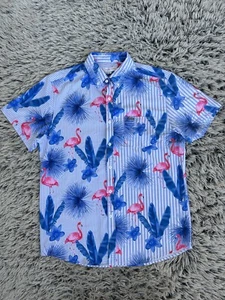 Vintage Summer NWT Shirt Mens Large Blue Flamingo Vacay Print Hawaiian Tropical - Picture 1 of 11