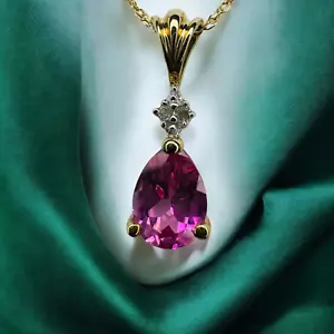 VINTAGE- 10K Gold -Pink Sapphire & Diamond Necklace-18"- 1.5CTTW -Pear Cut -1.1g - Picture 1 of 24
