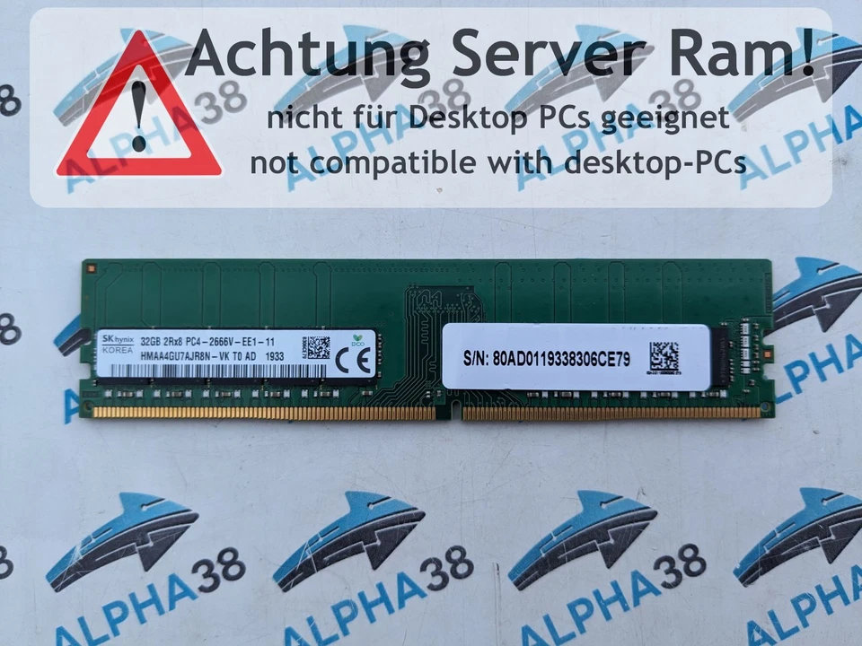 SK Hynix 32 GB DDR4-2666 PC4-21300V-E HMAA4GU7AJR8N-VK 2Rx8 1.2 V Server RAM - Image 1 of 1