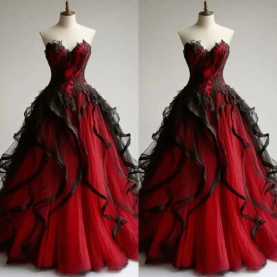 Gothic Black Red Wedding Dresses Sleeveless Ruffles Lace Appliques Bridal Gowns - Image 1 of 4