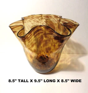 LOWEST PRICE ELEGANT *MURANO LEOPARD / TORTOISE SHELL WAVY RIM HANDKERCHIEF VASE - Picture 1 of 24
