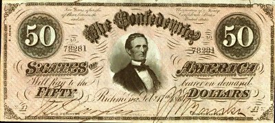 1864 $50 T66 *Reproduction* CSA Currency Jefferson Davis Pictured - Image 1 of 2