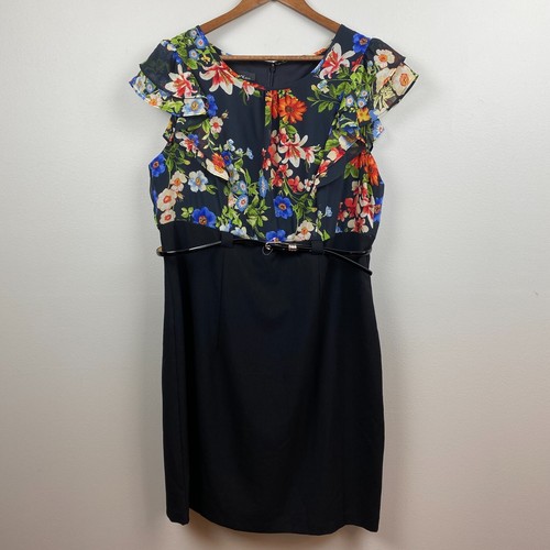 Abito Alyx 18 cinture nero floreale volant tubino matita blouson senza maniche nuovo