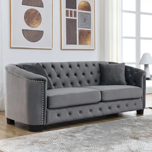77-Inch 3 Seater Chesterfield Sofa Velvet Button Tufted Couch Living Room Gray - Picture 1 of 11