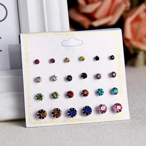 Set of 12 Multicolour Sapphire Stud Earrings Silver Plated, for Women - Picture 1 of 4