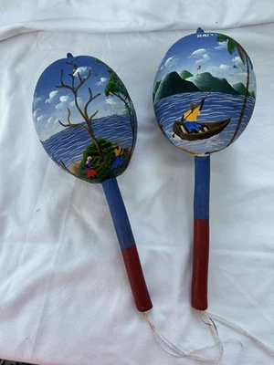 Juego De Colección De Dos Maracas De Madera Pintadas A Mano Grandes Haití 11 Pulgadas Foto 1 de 4