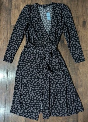 Vestido Ann Taylor Nuevo con Etiquetas Negro y Gris Estampado Moteado Verdadero Envolvente Corbata Para Mujer Talla 4P Foto 1 de 4