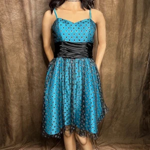 Dancing Queen Vintage Y2K Polka Dot Glitter Prom Homecoming Dress Blue Mesh - Picture 1 of 9