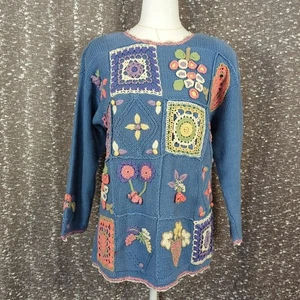 Suéter vintage tejido a mano de hiedra abuela azul detalles de ganchillo Cottagecore - Imagen 1 de 9