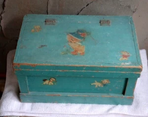 RARE Child's Primitive Aqua Blue Turquoise Painted Wooden Toy Box w/ Decals 17x9 - Picture 1 of 10