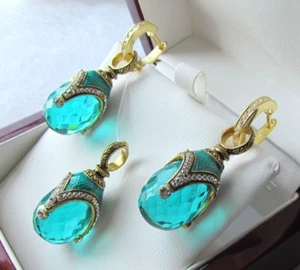 AQUAMARINE EARRINGS & PENDANT SET HANDMADE RUSSIAN SOLID STERLING SILVER 925  - Picture 1 of 8