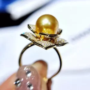 Designer HUGE AAAA+9-10mm South Sea Golden Round pearl Ring 925S - Picture 1 of 4