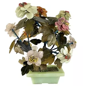 Bonsai di Giada Cinese Albero Semiprezioso Vintage Pietra Fiori Foglie Fioriera 12” - Foto 1 di 24