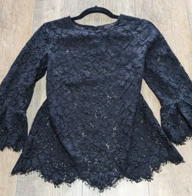 Banana Republic Top Womens XS Black Lace 3/4 Bell Sleeve Scallop Trim BOHO - Image 1 of 4