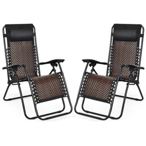 2PCS Patio Rattan Zero Gravity Lounge Chair Folding Recliner Headrest Brown - Picture 1 of 12