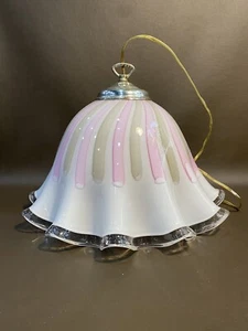 Vintage MCM Murano Glass Pendant Light Fixture Pink Ruffled - Picture 1 of 8