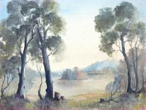 AUSTRALIAN SMALL OIL PAINTING GUM TREES RIVERSCAPE BY NAN RODGERS P252 - Imagen 1 de 4