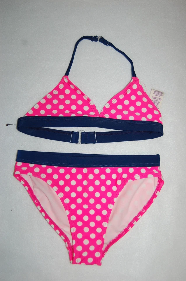 Girls TWO PIECE BIKINI Swim Suit HOT PINK White Polka Dots NAVY BLUE TRIM S 6-6X - Image 1 of 1