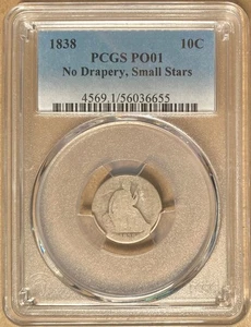 1838 PCGS PO01 Liberty Seated Dime 10c - No Drapery - Small Stars - Lowball - Picture 1 of 2