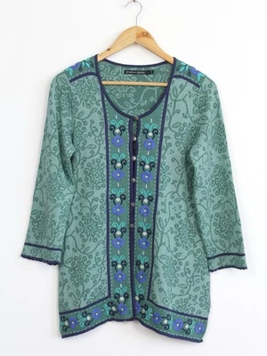 Cárdigan verde con patrón de flores de lino Gudrun Sjoden, talla S Foto 1 de 4