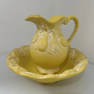 Vintage Hand Painted Yellow Pitcher Jug & Wash Bowl Dresser Set , Fruits Design - Picture 1 of 11