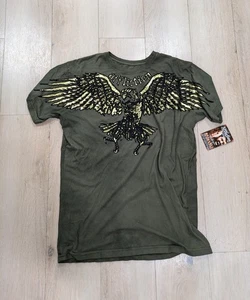 NWT Mens AFFLICTION Y2K Green Gold Black Foil Velvet Graphic Eagle Shirt Size L - Picture 1 of 5
